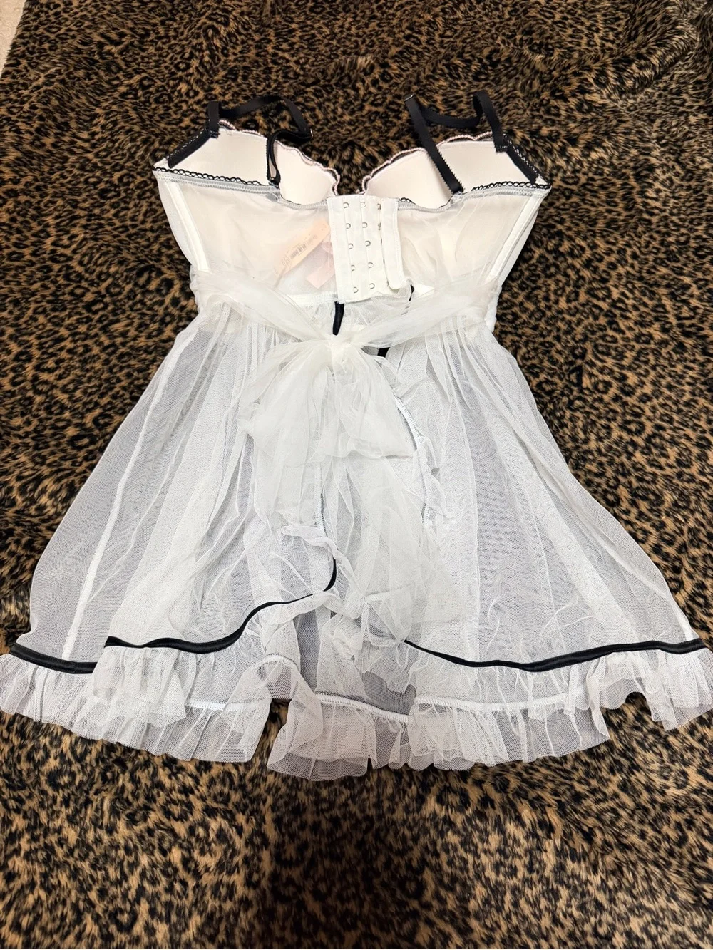 NWT Victoria Secret Sheer White & Pink Babydoll Lingerie with Black Trim